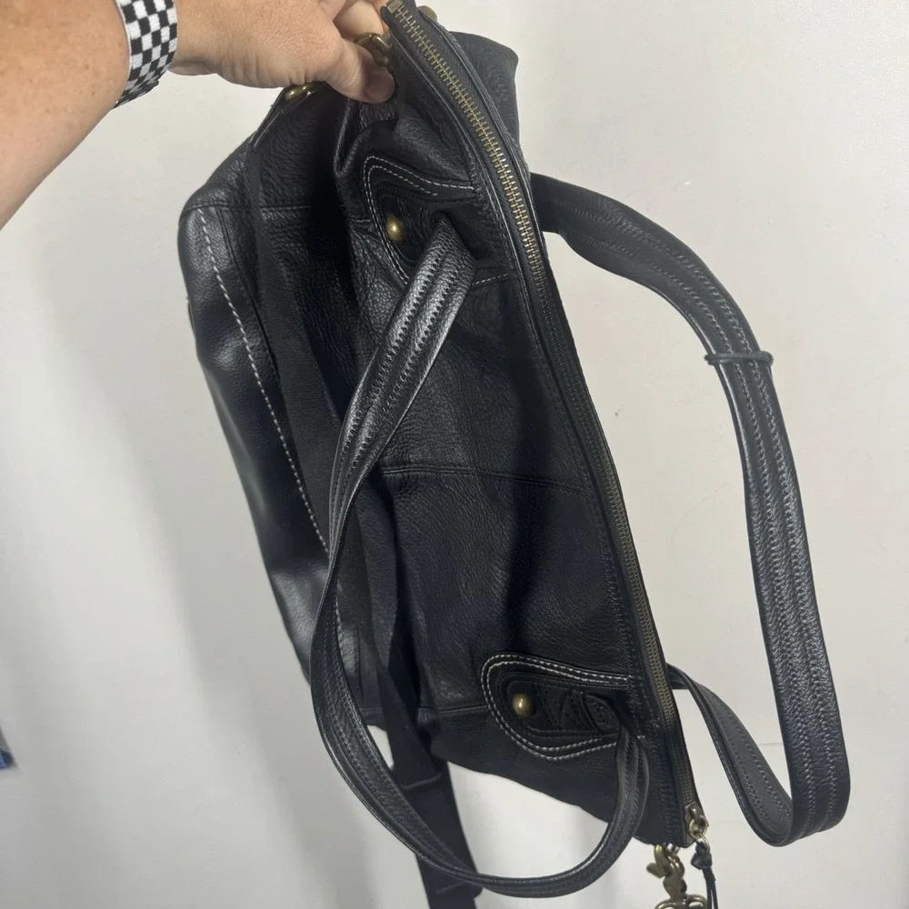 The Sak Iris Black Pebble Leather Shopper Tote Bag Dbl Handle Removeable Strap